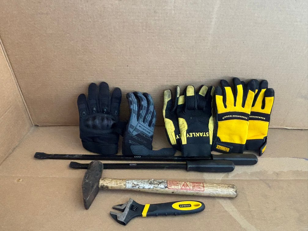 (3) Paris of Work Gloves, Stanley Adjustable Wrench, Hammer and (2) Pry Bars