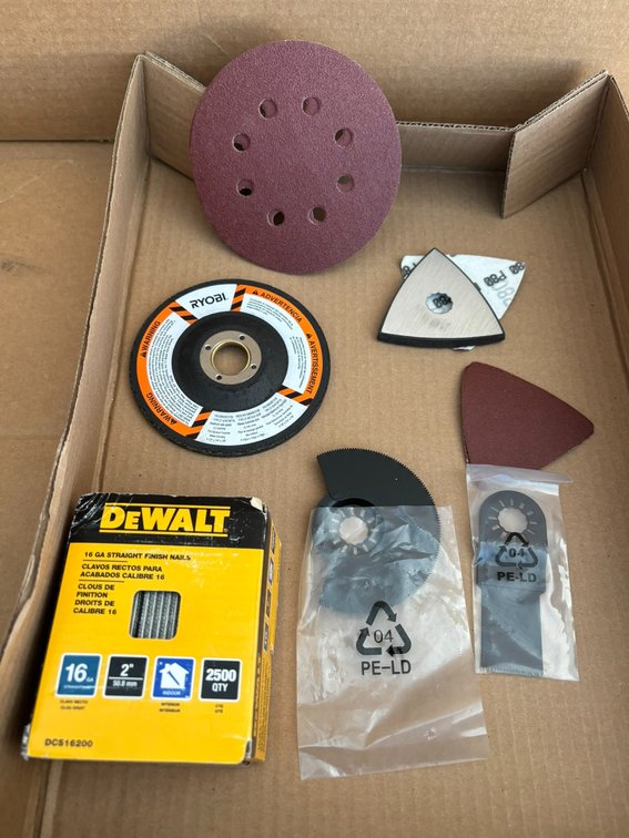 DeWalt Finish Nails, Ryobi Metal Grinding Disc and Sanding Pads