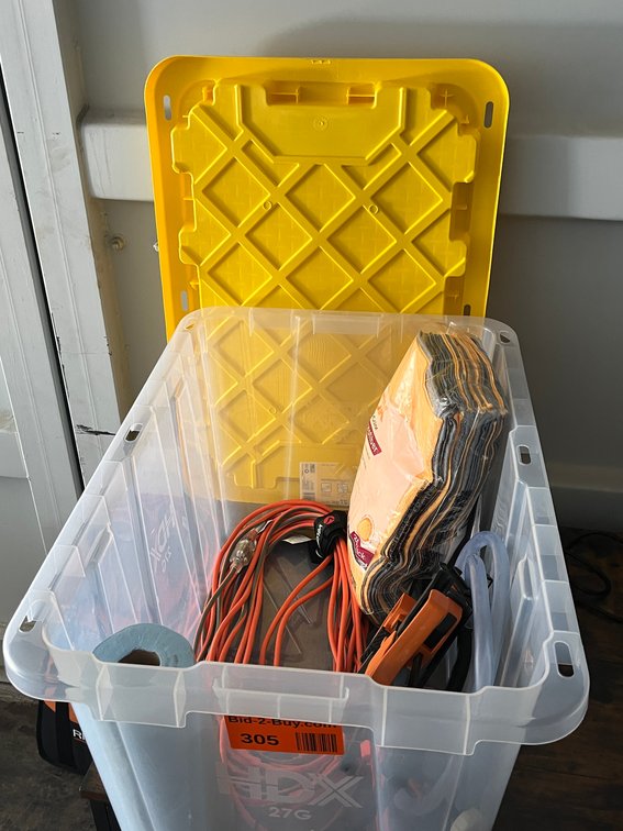 HDX 27 Gallon Plastic Tote with Assorted Shop Supplies