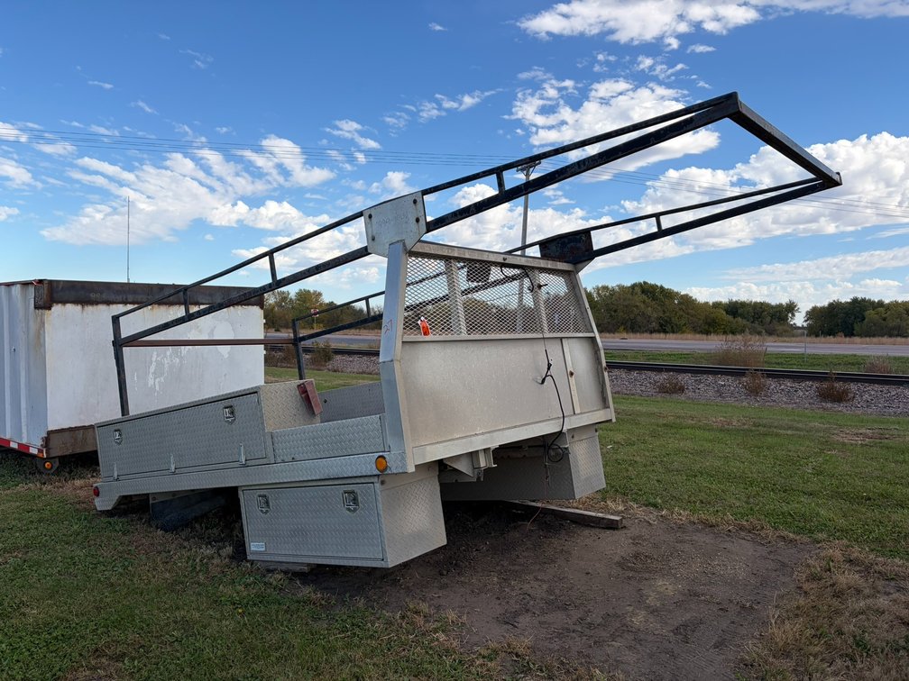 Custom Built 11' x 90" wide Diamond Tread Aluminum Flatbed with Steel Overhead Ladder Rack
