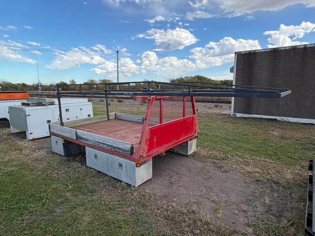 Custom Built 11' x 94" wide Steel Flatbed with Steel OVerhead Ladder Rack