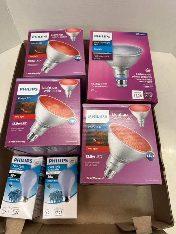 (3) Philips Red Party Lights, Full Spectrum 15W Plant Light, (2) Medium Base Plant Lights