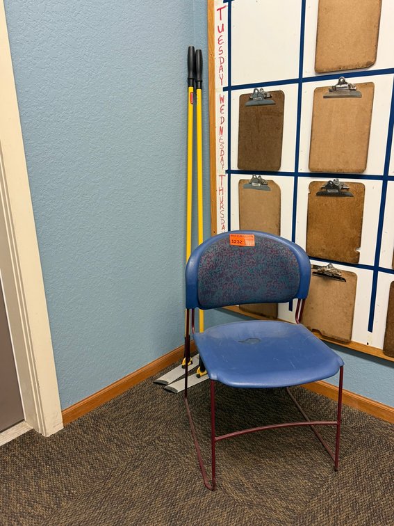 Chair, (2) Mop Heads and Clip Boards