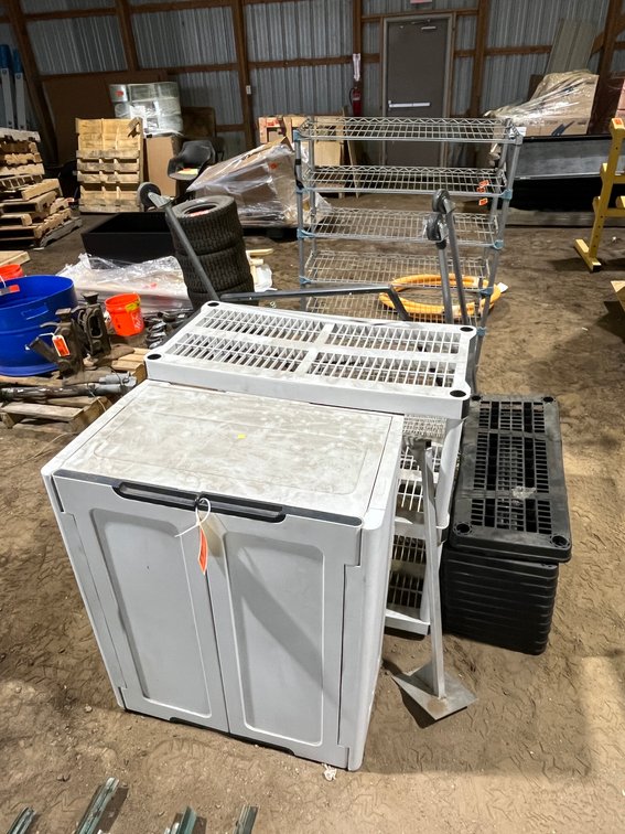 (2) Rolling Racks, Plastic Shelf and Storage Cabinet