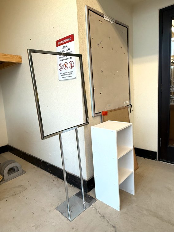 White Shelf, Store Sign, (2) Cork Boards, (3) Wall Cabinet