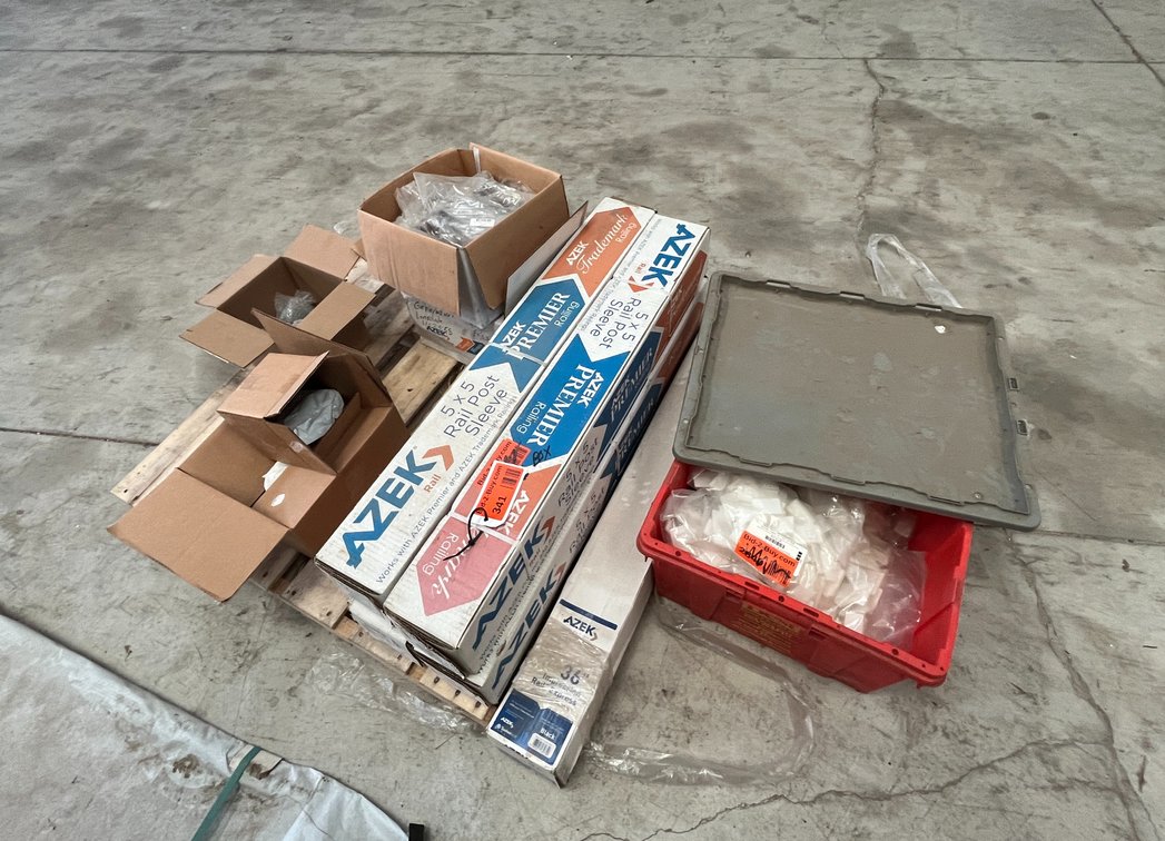 Pallet with (4) Azek Rail Post Sleeves and Assorted Handrail hardware