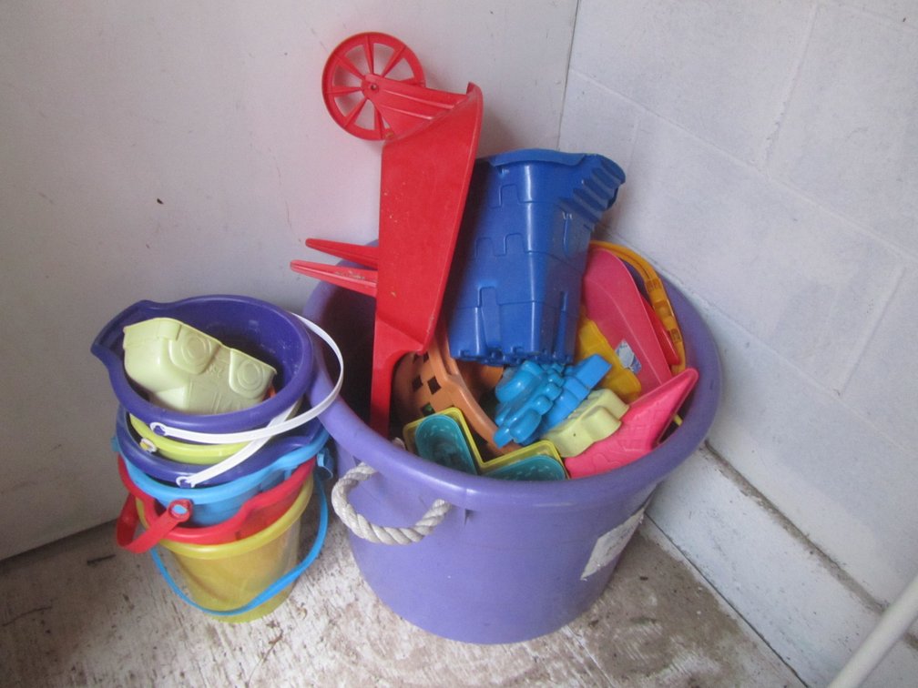 Tub Of Beach Toys, Buckets, And More