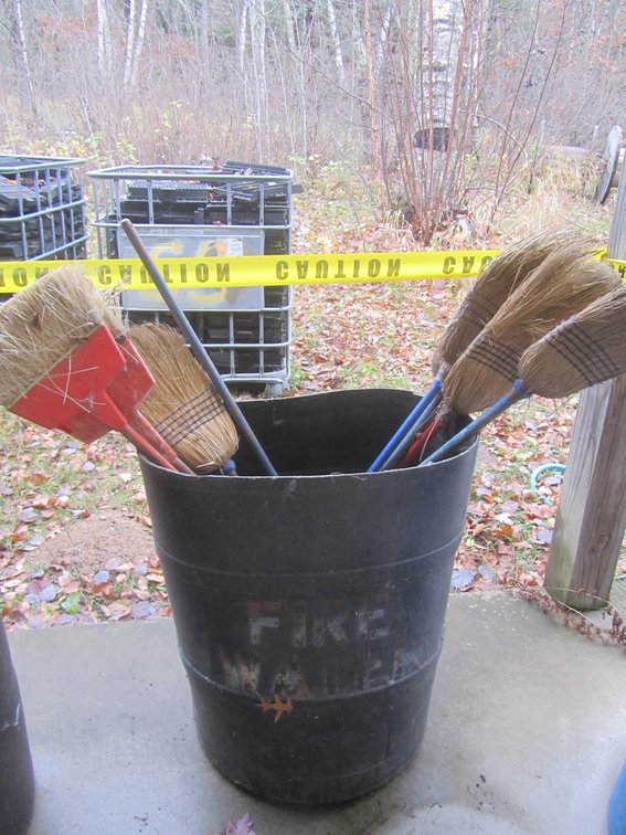Plastic Barrel w/Assorted Brooms