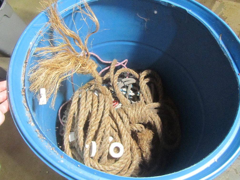 Plastic Barrel Full Of Assorted Braided Rope