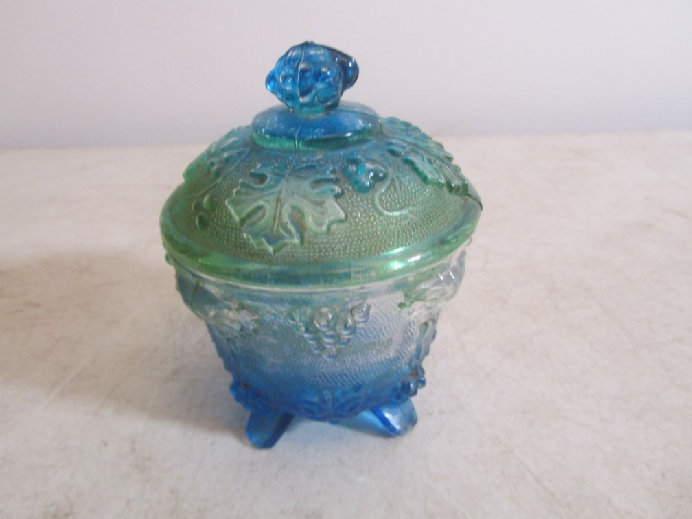 Green/Blue Cut Glass Candy Dish w/Lid