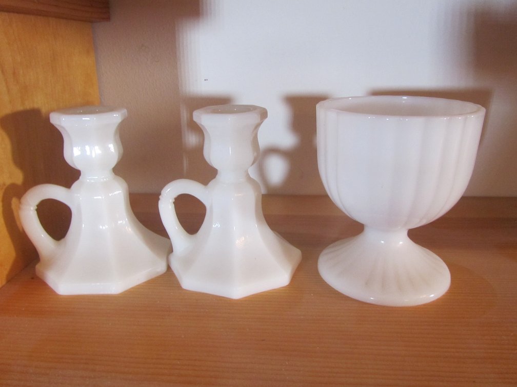 (2) Milk Glass Candleholders, Milk Glass Cup, And Some Marbles
