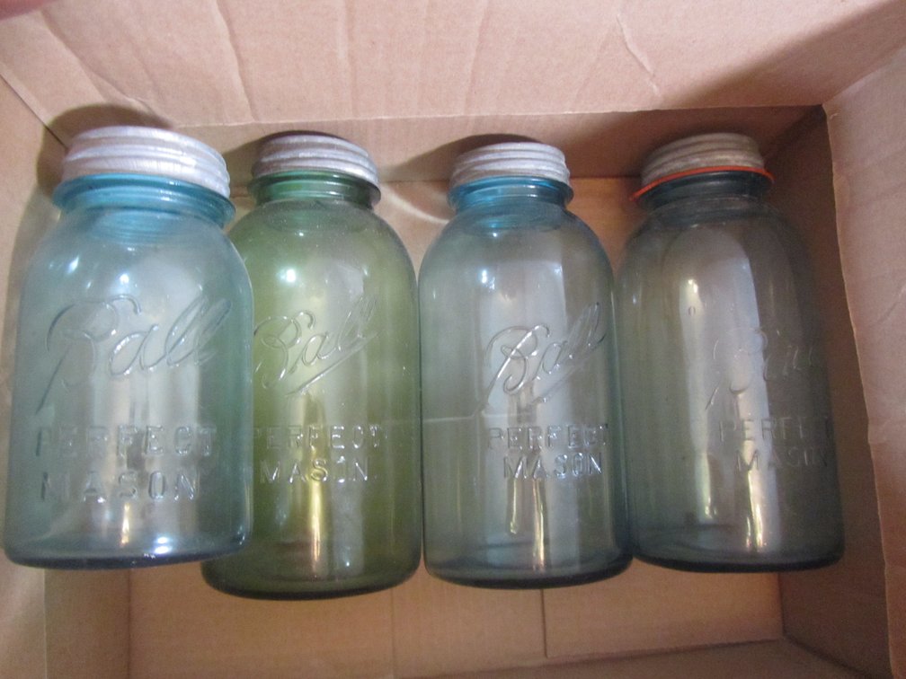 (3) Vintage Ball Blue Glass Half Gallon Mason Jars And (1) Quart Jar