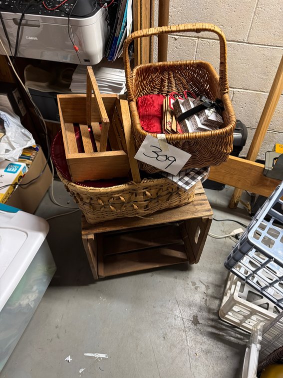 Wooden crate and baskets, one money