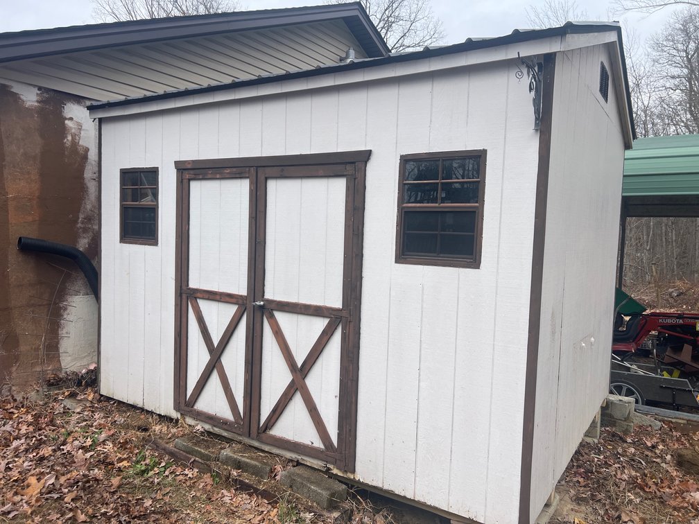 No Reserve - Shed w/Two Windows and Cabinets 12ft L x 10ft W x 84” Side Hght x 114” Center Hght 58” Double Door