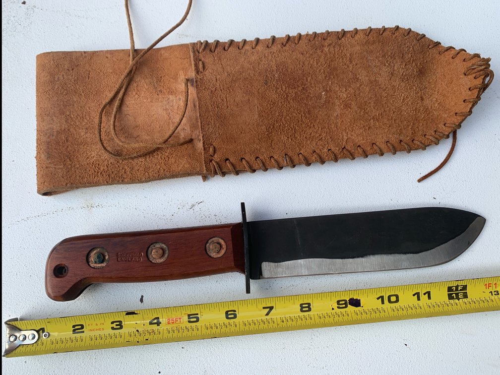 Heavy Duty Hunting Knife With Sheath Made In Sheffield England. Spine Of The Blade is 1/8” Thick