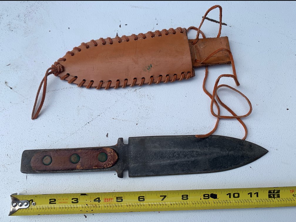 Hand Forged Knife With Leather Handle And Sheath. Stamped “Rimpler”