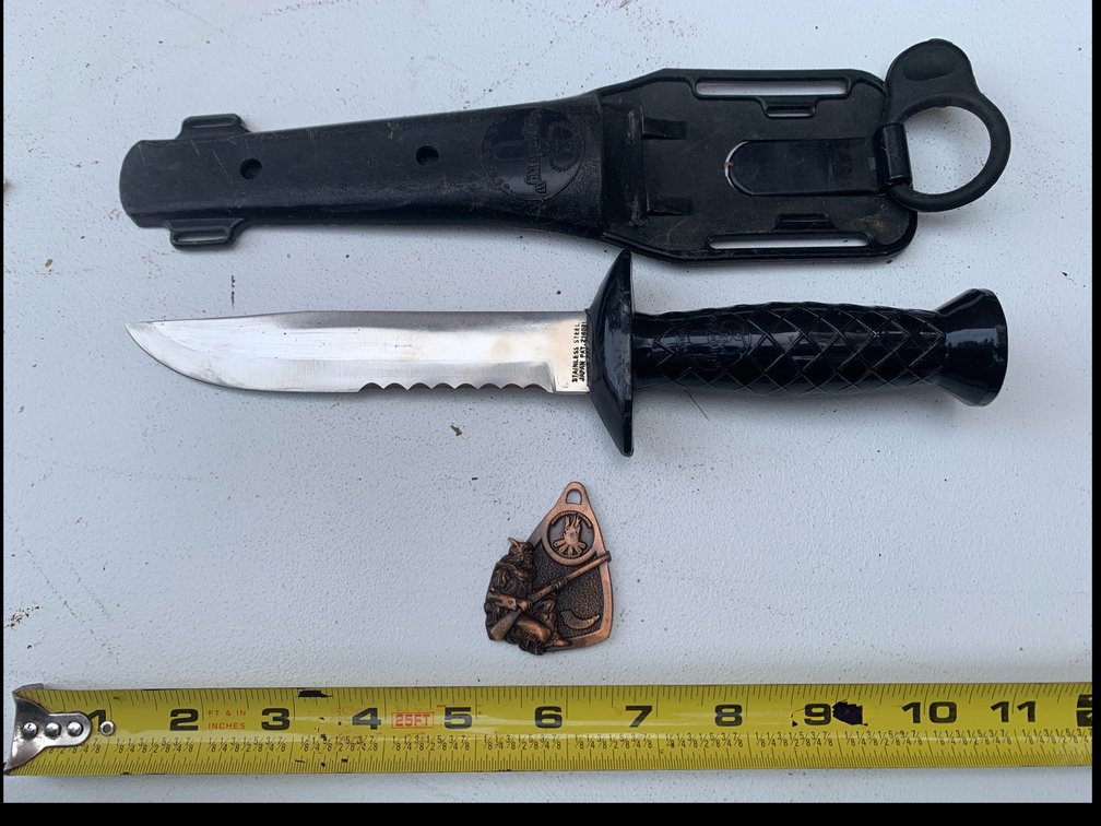 Stainless Steel Knife With Sheath and Frontiersmen Camping Fellowship Medallion