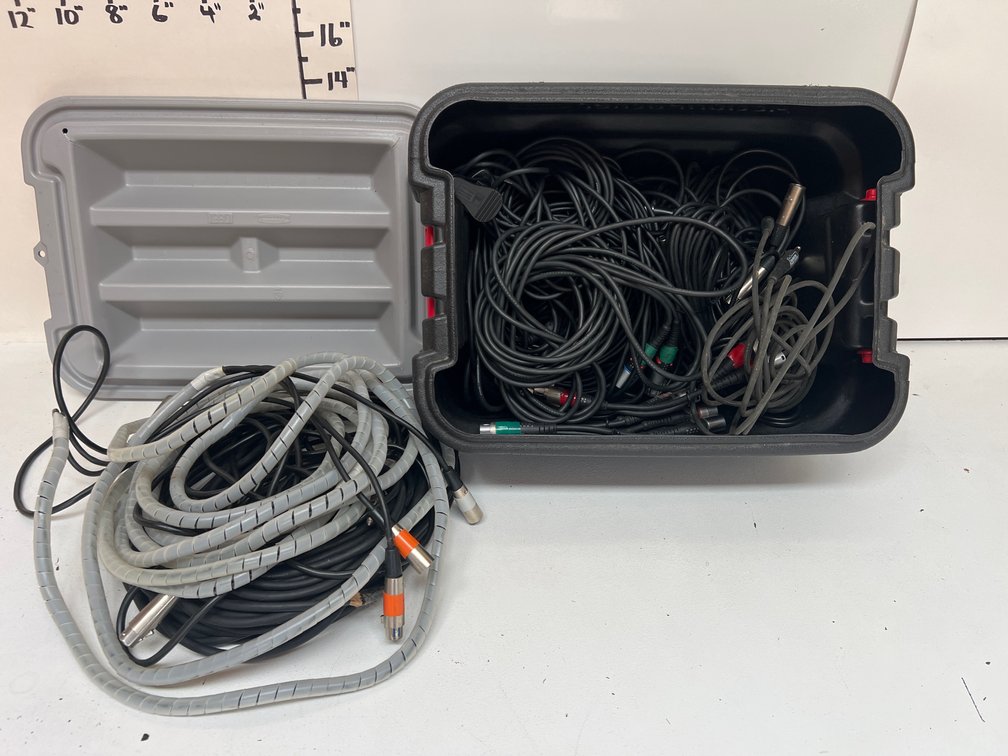 Lot of Mic Cords wAction Packer Rubbermaid Storage Box
