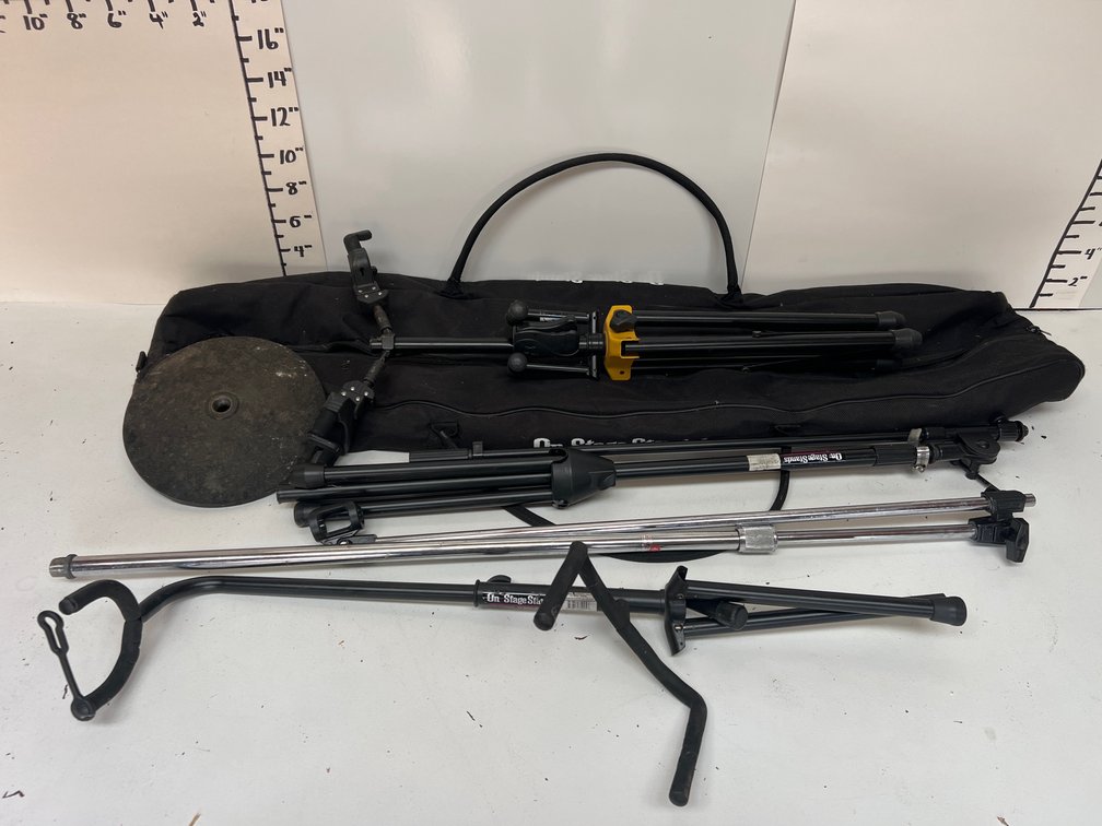 Lot of Mic Stands, Guitar Stand and Carry Case