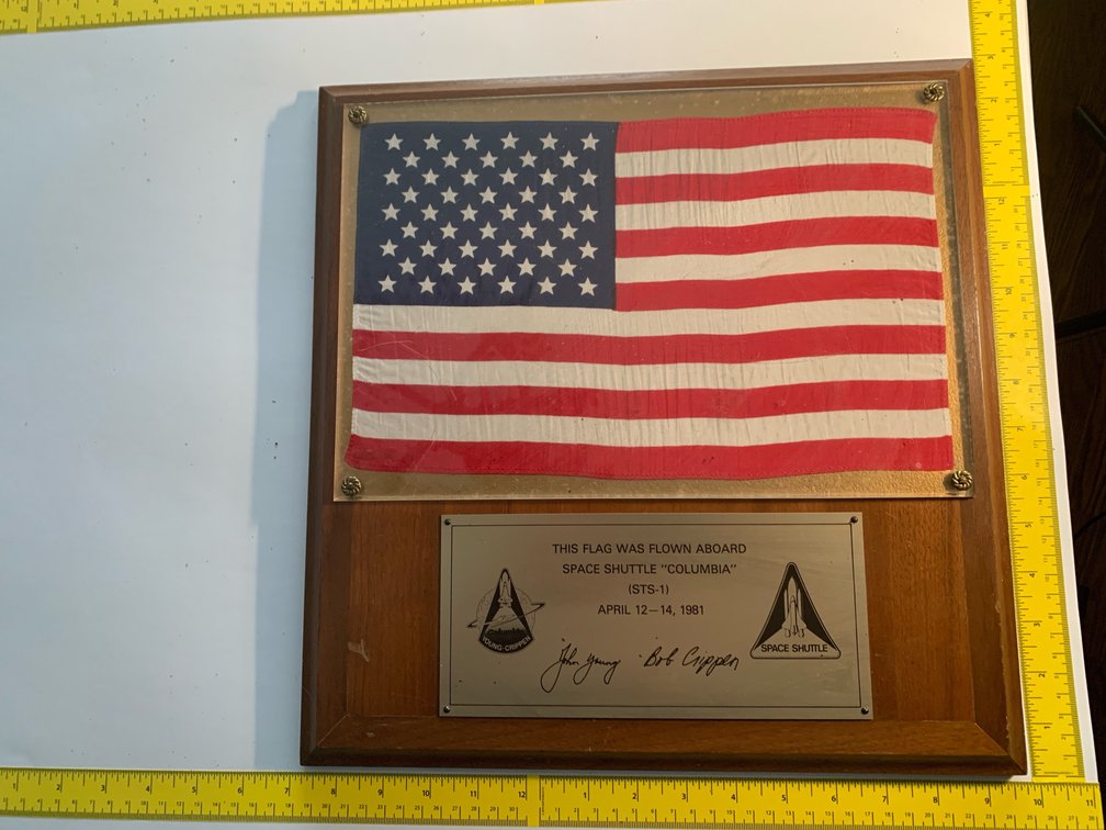 14 1/2”x 14 1/2” Replica Plaque Of the Flag Flown Aboard the Space Shuttle Columbia. Flag Measures 6”x8”