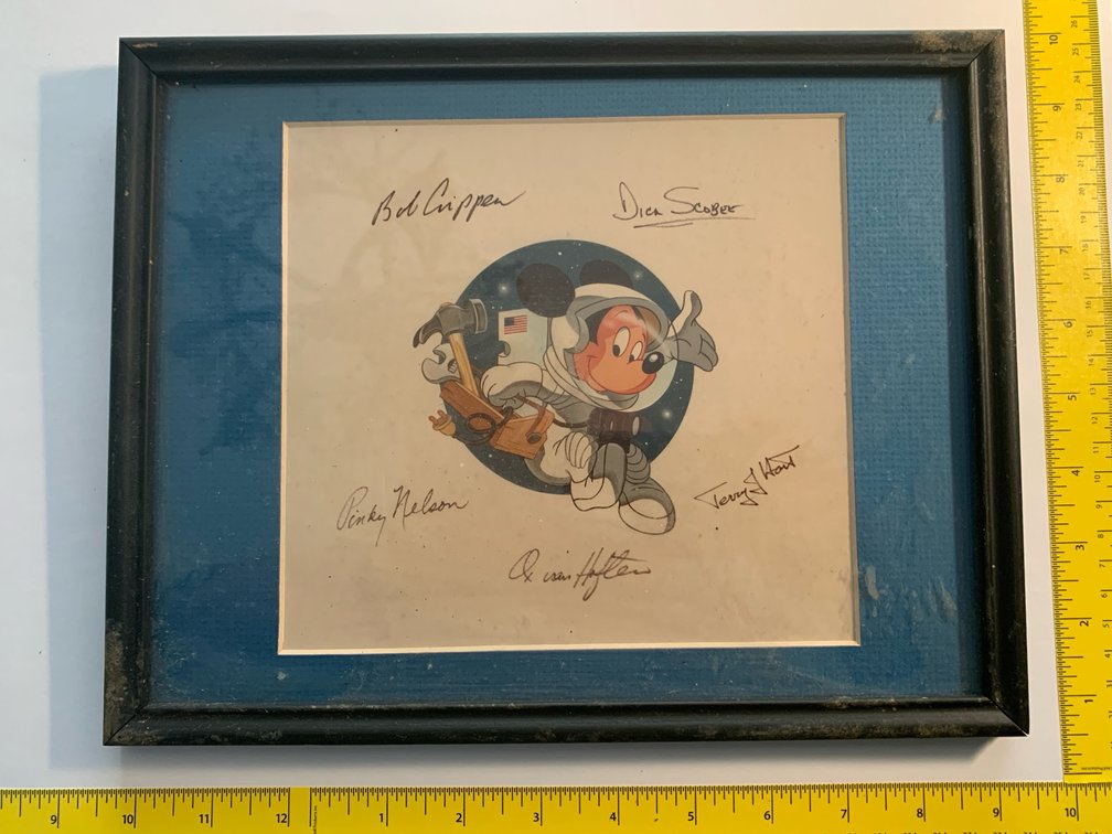 Signed Mickey Mouse Astronaut Illustration. Shows Mickey In Space With Tools and American Flag