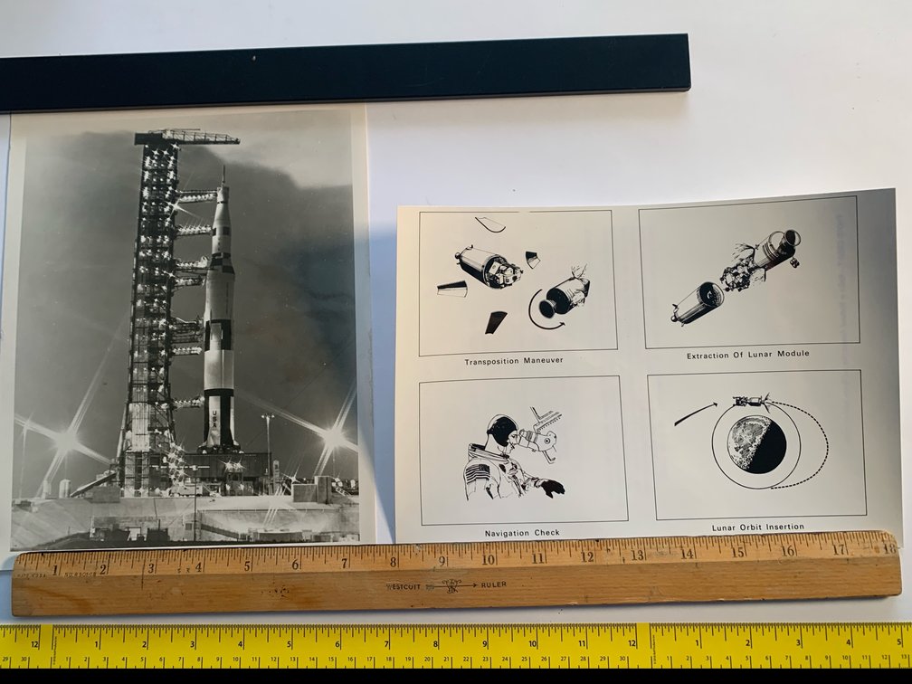 Two 8”x10” Photos. The Saturn IB Launch Vehicle At Cape Kennedy Launch Complex, and Diagrams For Space Flight