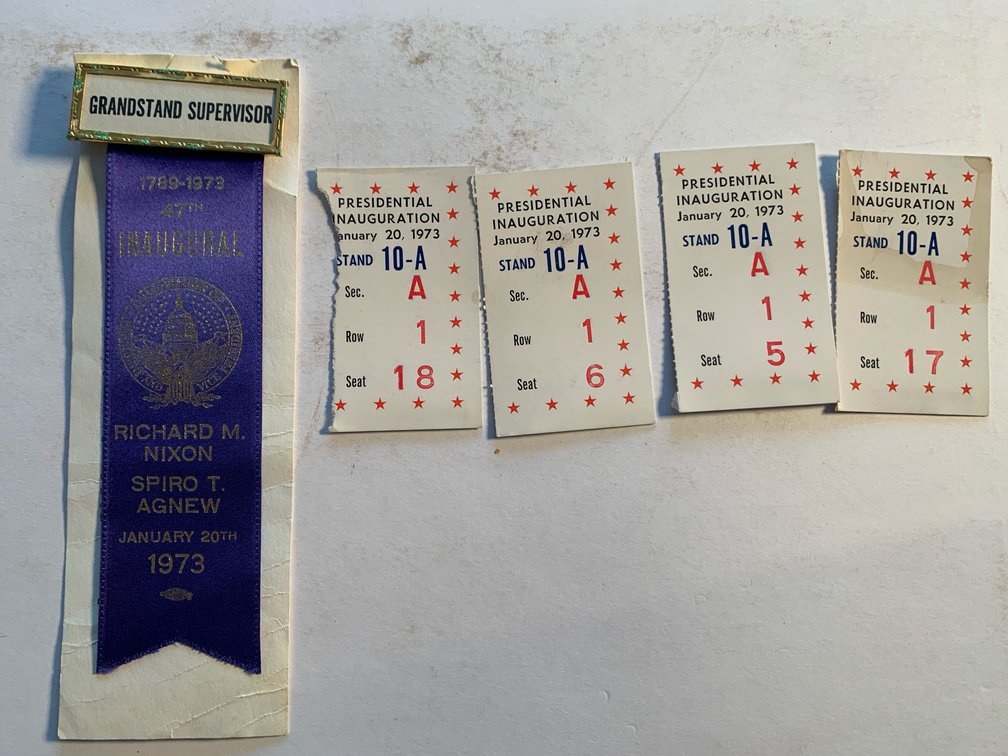 Grandstand Supervisor Ribbon and Four Tickets For the Inauguration of Richard M. Nixon and Spiro T. Agnew (1973)