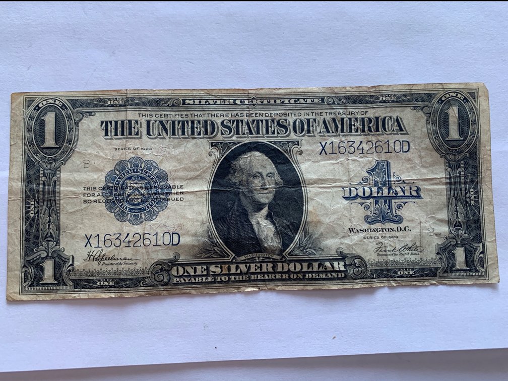Vintage 1923 One Dollar Silver Certificate. 7 3/8” Long x 3 1/8” Wide