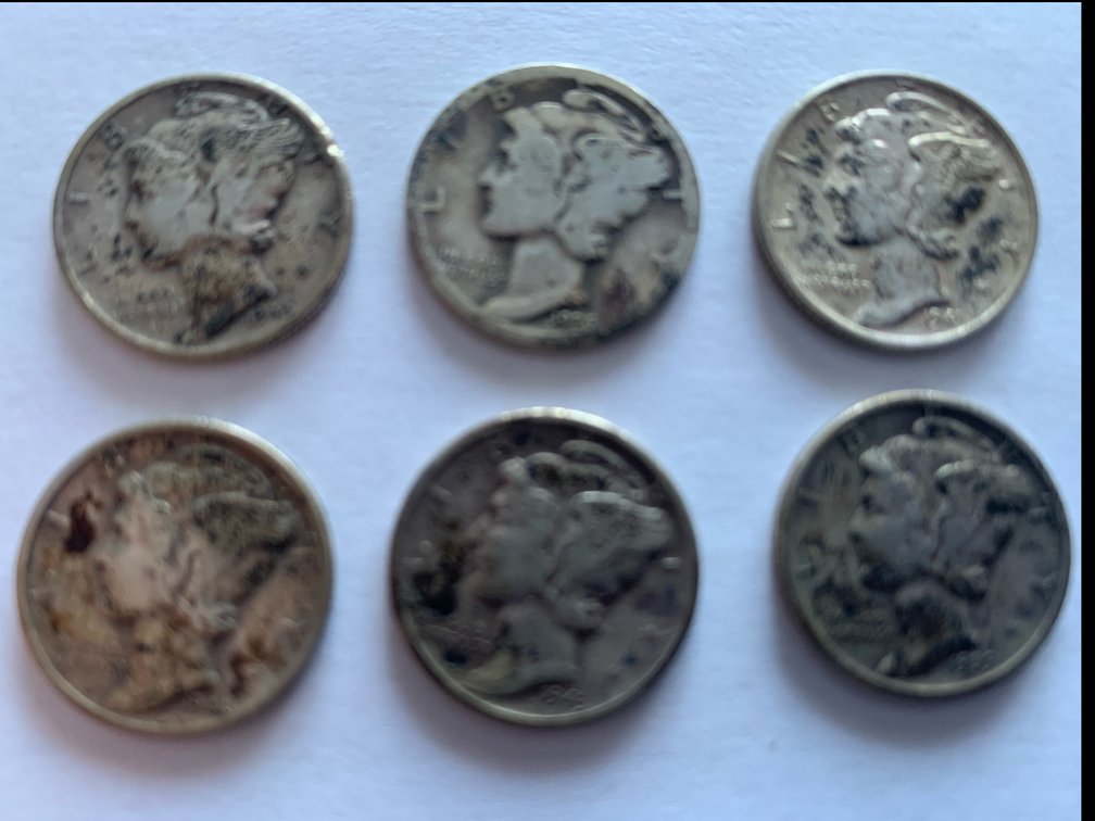 Six “Mercury” Dimes. 90% Silver. Each Has 0.07234 Troy Ounces of Silver