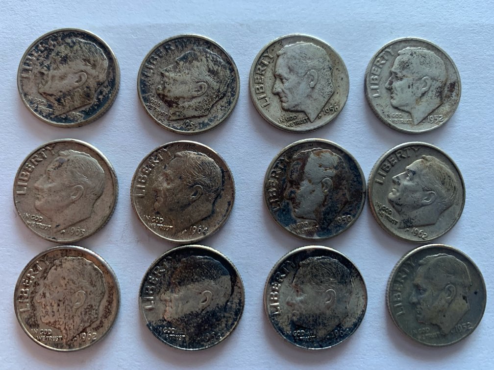 Twelve Pre-1965 Roosevelt Dimes. 90% Silver. Each Has 0.07234 Troy Ounces of Silver