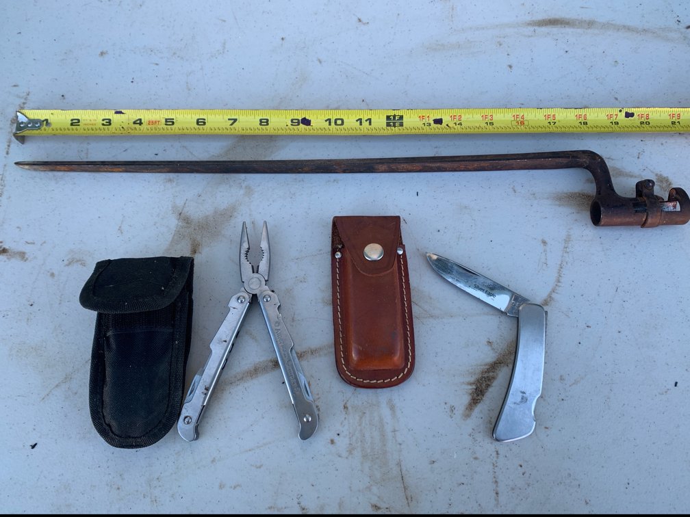 20 1/2” Bayonet From 1880-1910 Era, Silver Eagle Stainless Knife With Sheath, and American Camper Multi Tool With Sheath