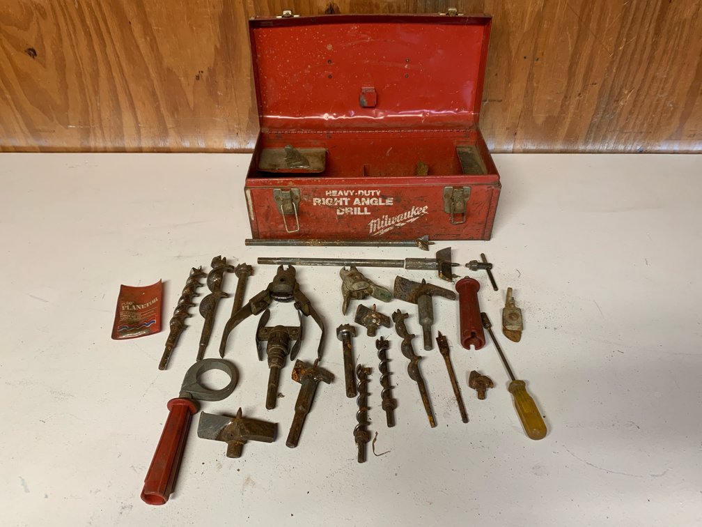 Milwaukee Tool Box with Drill Bits and Sheet Metal Tools.