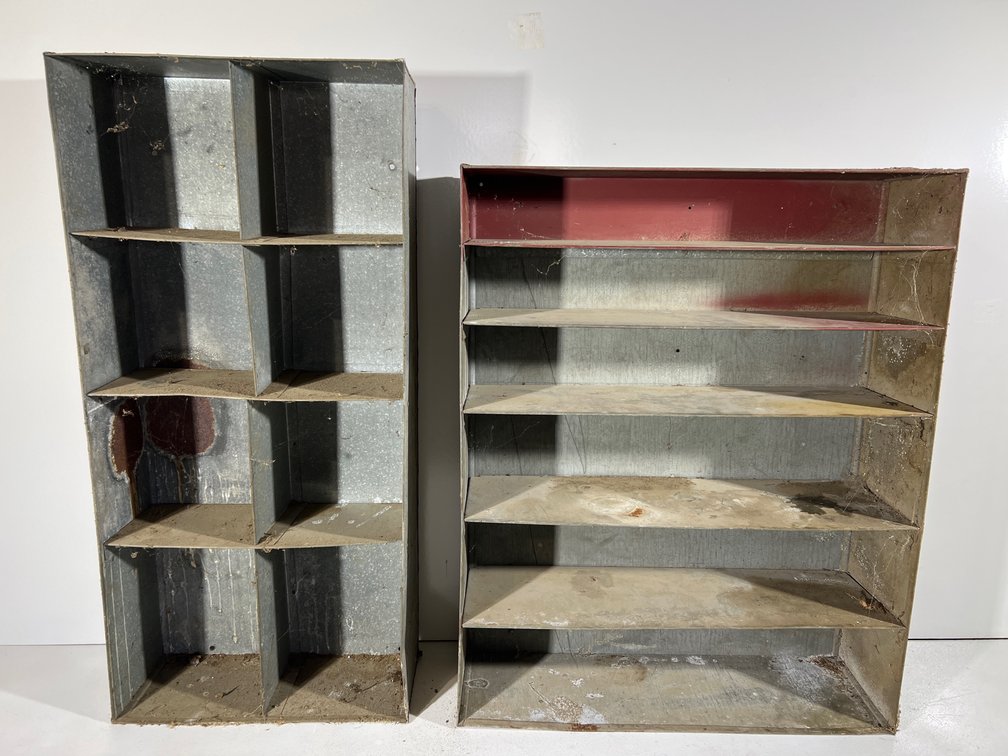 Two Galvanized Organizers - Left is 35”Hx16”Wx6.5”D Right is 30.25”Hx24.25”Wx8.25”D