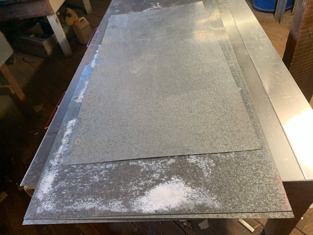 Six Sheets Of Galvanized Metal. Four are 36”x8’. One is 32”x62”. One is 48”x96”.