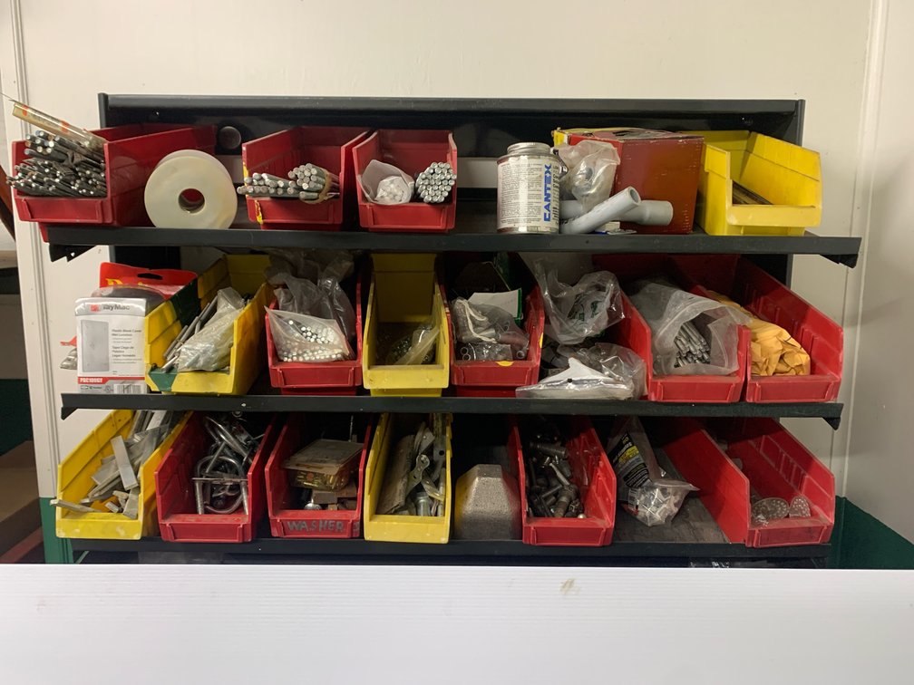 Three Shelf Parts Organizer With Contents. 32 3/4” Wide. 23” Tall