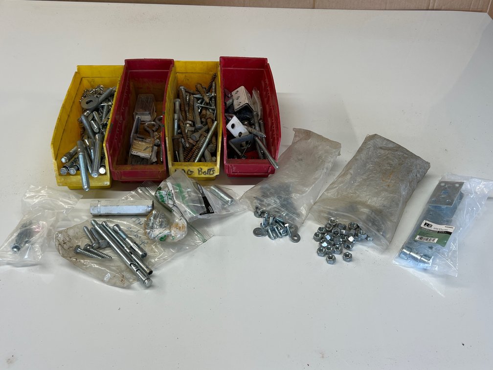 Lot of Lag Bolts, Concrete Wedge Anchor Bolts, Nuts, 7.5” Safety Hasp, Sheet Metal Screws, Washers