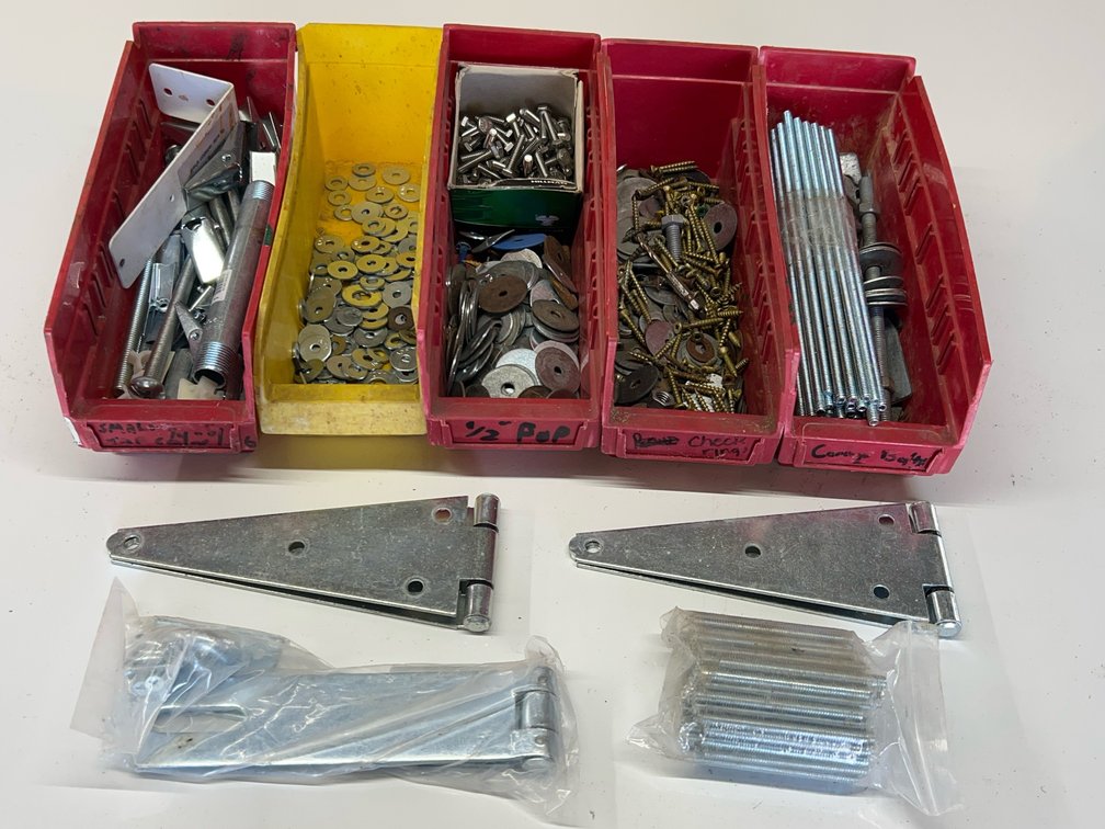 Lot of Assorted Hardware - Strap Hinges, 7.5” Safety Hasp, Bolts, Washers, Screws