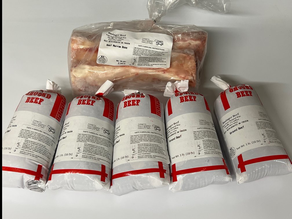 Lot of Five 1Pound Packs Ground Beef & Pack of Beef Soup Bones