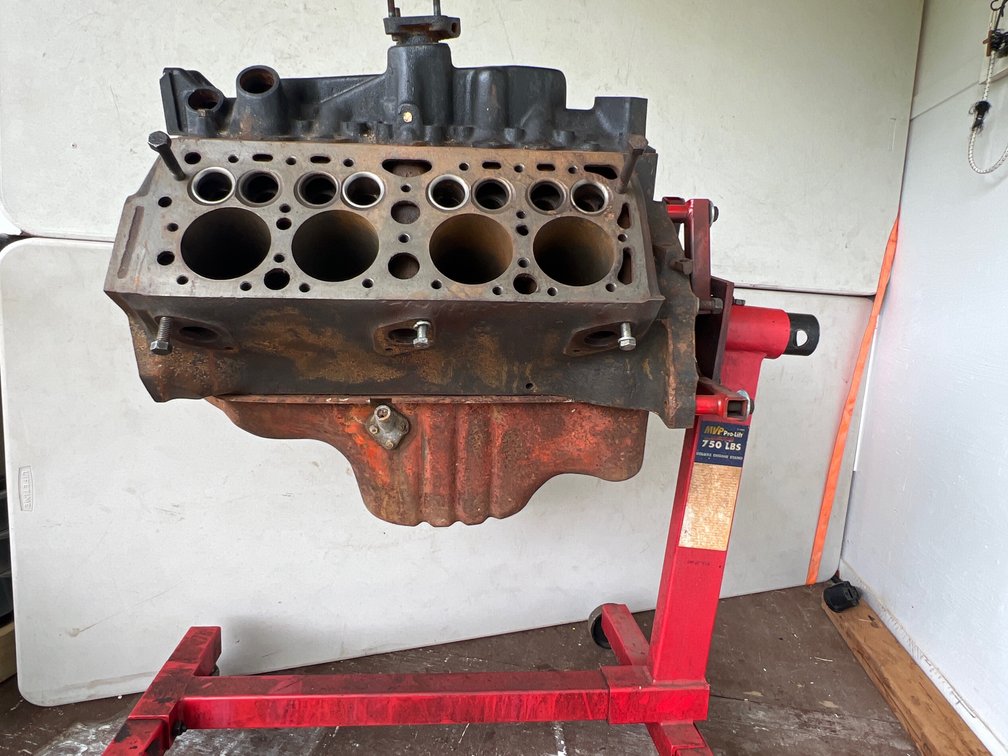 Flat-Head V-8 Motor on Stand With Intake & Oil Pan