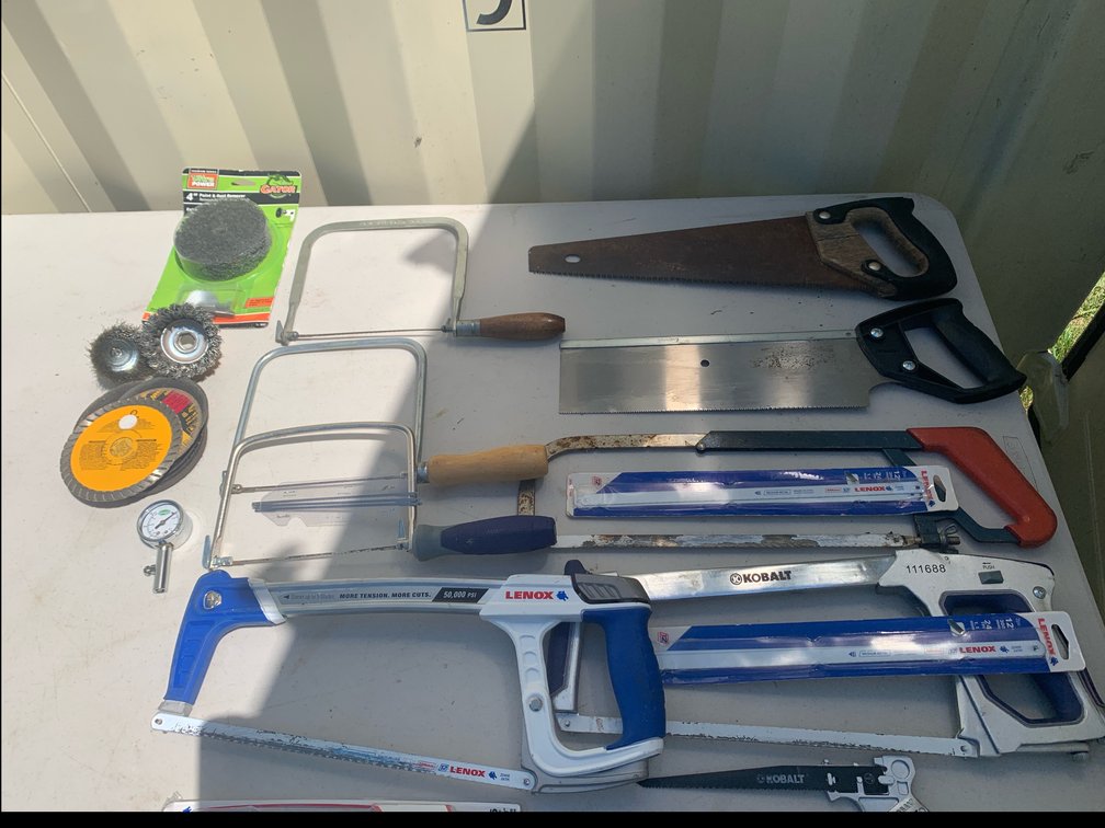 Assorted Hacksaws, Coping Saws, and Grinding Wheels