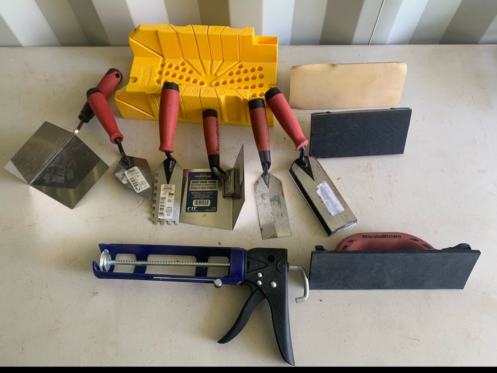 Mitre Box, Drywall Tools, Tiling Tools, and A Caulking Gun