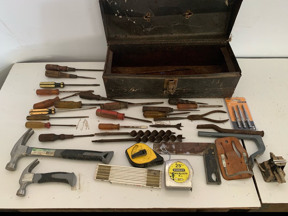 Mixed Vintage Hand Tools and Metal Toolbox