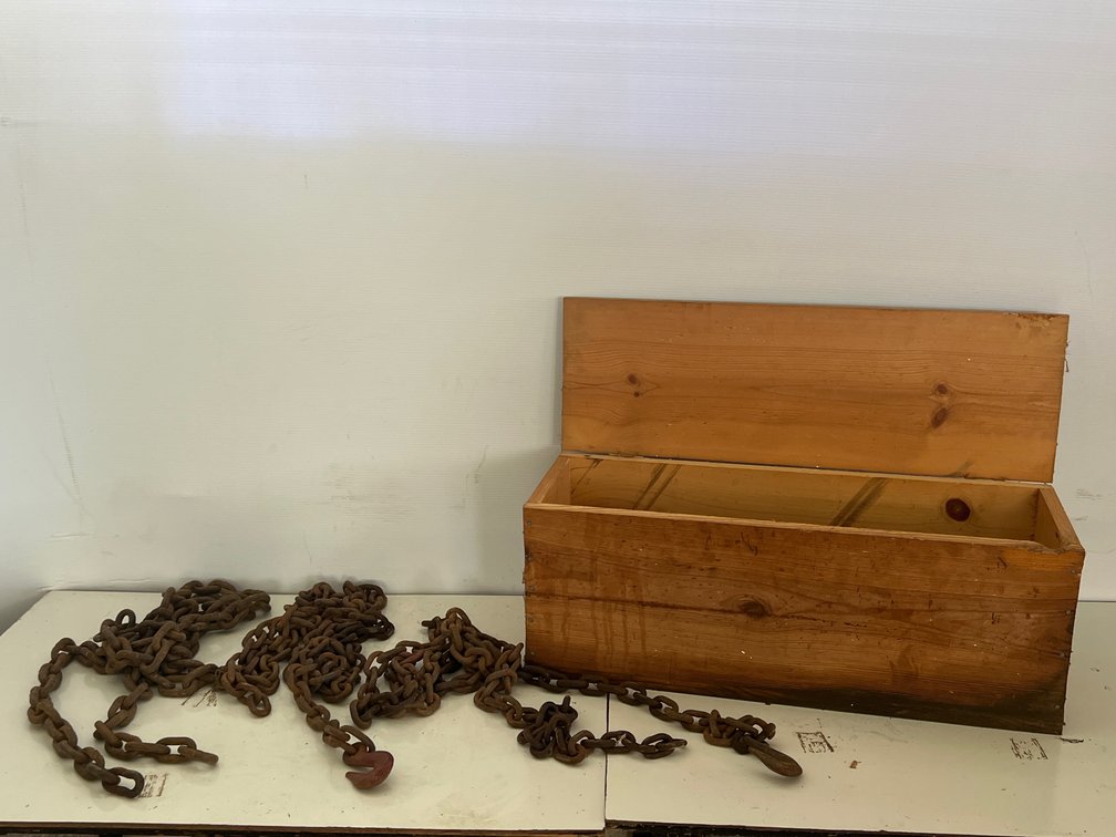 Wooden Storage Box and Three 10’ Steel Rigging Chains