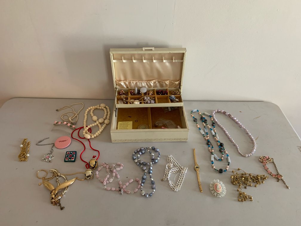 Cream Jewelry Box with Costume Necklaces, Pins, and More