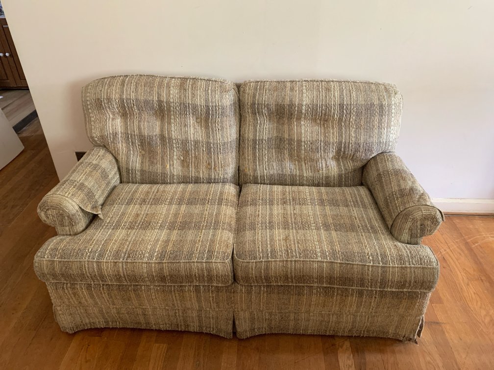 Beige and Brown Plaid Upholstered Loveseat