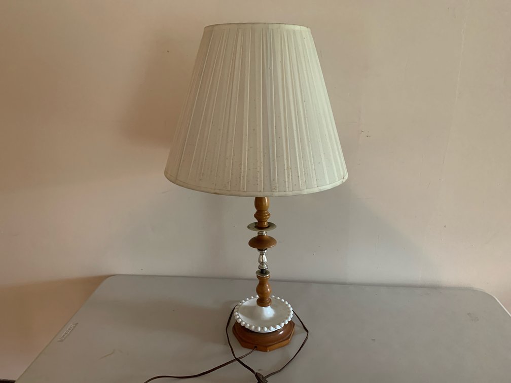 Turned Wood and Milk Glass Table Lamp with Pleated Shade