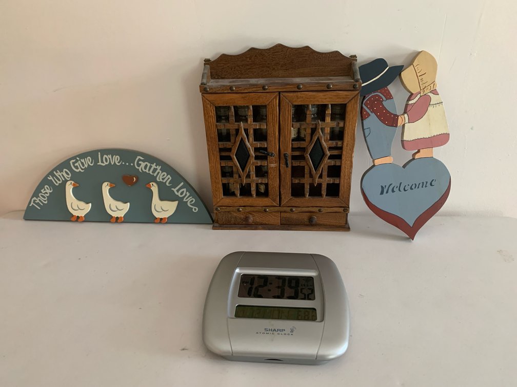 Wooden Spice Cabinet, Wall Plaques, and Digital Atomic Clock