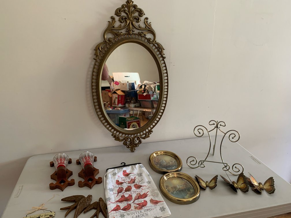 Gold-Tone Wall Mirror, Wooden Candle Sconces, Framed Art, and More