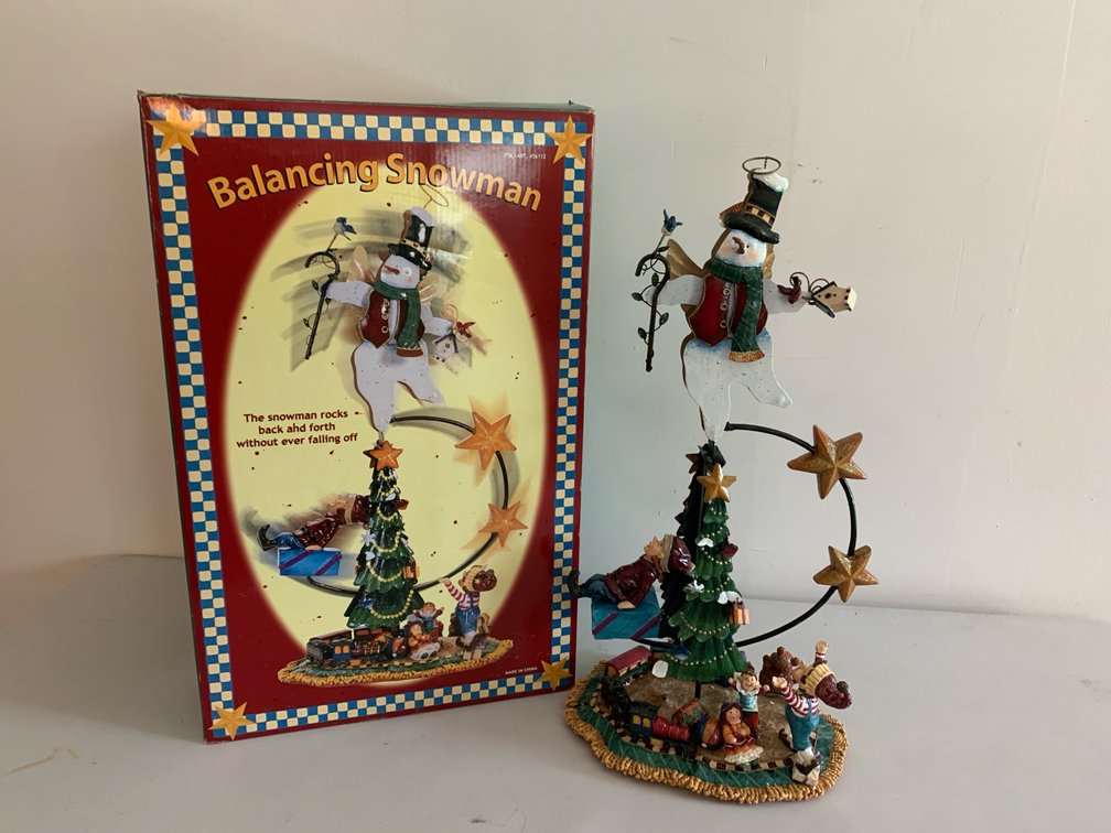 Balancing Snowman Kinetic Holiday Sculpture with Box