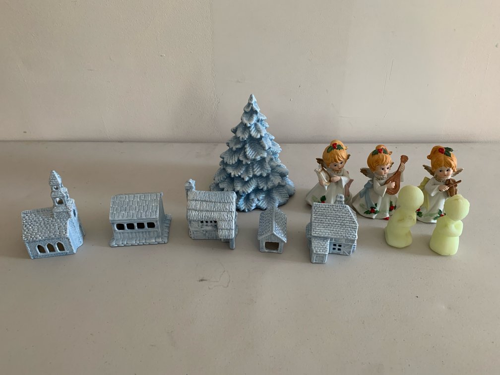 Miniature Holiday Village Set and Angel Figurines